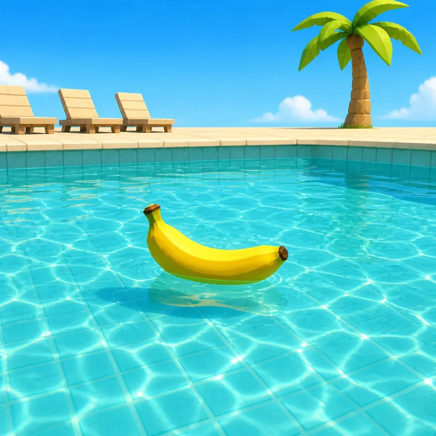 The banana floating in a bright pool